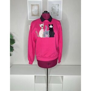 Vintage 90's Jerzees Sweatshirt Women's L Cats Pullover Pink Collared